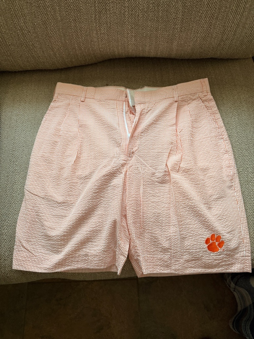 Seersucker Shorts with Orange Paw Accent